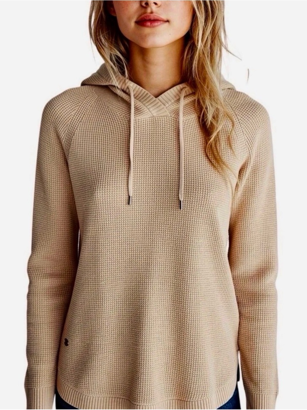 Ralph Lauren Women’s Camel Waffle-Knit Thermal Cotton Hooded Pullover Top Sz L